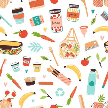 Colorful Zero Waste Durable And Reusable Goods And Vegan Food Seamless Pattern. Eco Friendly Items Or Products Vector Flat Illustration. Different Elements Of Ecology Consumption Principle