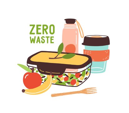 Colorful Zero Waste lunch vector flat illustration. Eco friendly durable and reusable items - thermo mug, vacuum flask, lunch box, vegan food and wooden fork isolated on white background