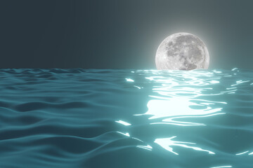 Bright white moon is going down to a blue sea surface (3D Rendering)