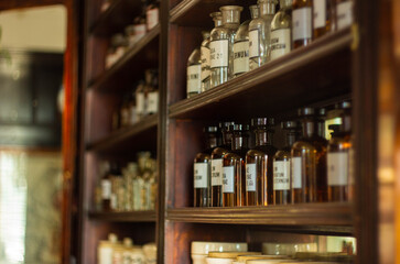 Ancient pharmacy, jars with medicines, transparent brown glass with inscriptions, medicine, health,...