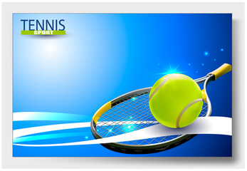 3 d Tennis Racquet. Vector Tennis Ball. A realistic object and sports background for posters, leaflets for world tennis competitions.Vector illustration.Sport equipment element.