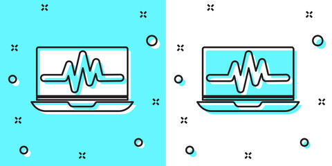 Black line Laptop with cardiogram icon isolated on green and white background. Monitoring icon. ECG monitor with heart beat hand drawn. Random dynamic shapes. Vector Illustration.