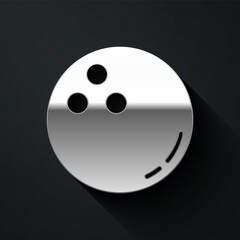 Silver Bowling ball icon isolated on black background. Sport equipment. Long shadow style. Vector Illustration.