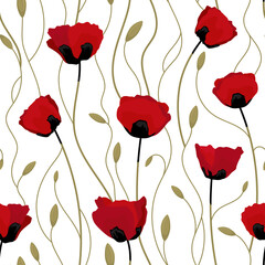Poppy flowers seamless pattern for textile, wallpaper, wrapping, cards design. Abstract vector illustration on white background.
