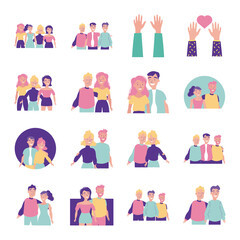 happy friendship day celebration with people and icons set