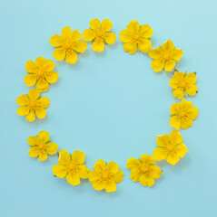 Floral yellow round frame on a blue background. Floral arrangement for design postcards. Card with copy space for text
