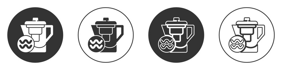 Black Water jug with a filter icon isolated on white background. Circle button. Vector Illustration.