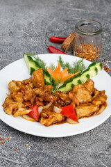 Pike perch in batter on a white plate, decorated with cucumbers