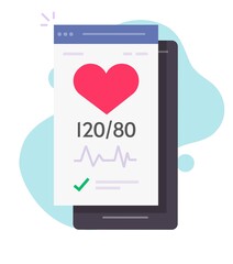 Health check test mobile phone app tracker icon vector with heartbeat good blood pressure pulse cardiogram line on smartphone flat cartoon illustration, medical cardiology beat concept symbol