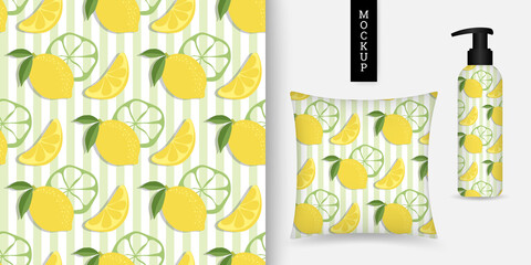 Seamless pattern lemons. Citrus fruit on a striped background. Vector illustration. Summer repeating texture. Modern ornament. Design paper, wallpaper, textile.
