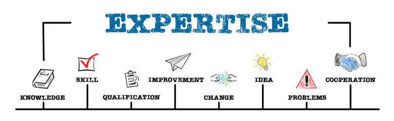 EXPERTISE. Knowledge, Qualification, Idea and Cooperation concept. Chart with keywords and icons