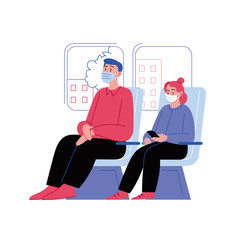 Flat illustration of two peple wearing medical mask sitting in the public transport. Covid-19 prevention.