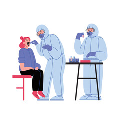 Flat illustration of two medical doctors wearing covid-19 protection suit running tests and treating patient at the medical office