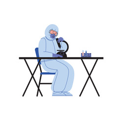 Flat illustration of a medical doctor wearing covid-19 protection suit running tests and researching at the table