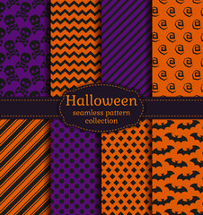 Set of halloween backgrounds. Collection of seamless patterns in the traditional holiday colors. Vector illustration.