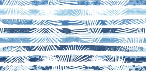 Gordijnen Tropische patroon, palmbladeren naadloze vector floral achtergrond. Exotische plant op blauwe strepen print illustratie. Zomerse natuur jungle print. Bladeren van palmboom op verflijnen. inkt penseelstreken © Good Goods