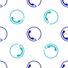 Fototapeta premium Blue Telephone 24 hours support icon isolated seamless pattern on white background. All-day customer support call-center. Full time call services. Vector Illustration.