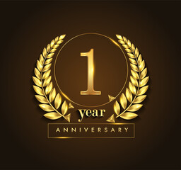 1st gold anniversary celebration logo with golden color and laurel wreath vector design.