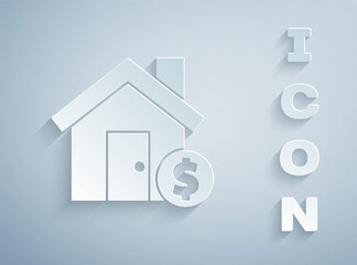 Paper cut House with dollar symbol icon isolated on grey background. Home and money. Real estate concept. Paper art style. Vector Illustration.