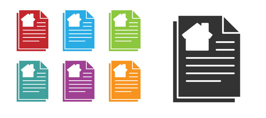 Black House contract icon isolated on white background. Contract creation service, document formation, application form composition. Set icons colorful. Vector Illustration.