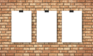 Flat Interior with three empty white posters on brown brick wall. Trendy loft room scenery background, fashion gallery exhibition interior. Vector Illustration for web, poster mockup, exposition