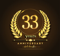 33rd gold anniversary celebration logo with golden color and laurel wreath vector design.