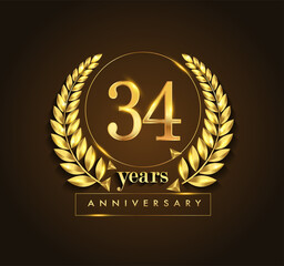 34th gold anniversary celebration logo with golden color and laurel wreath vector design.