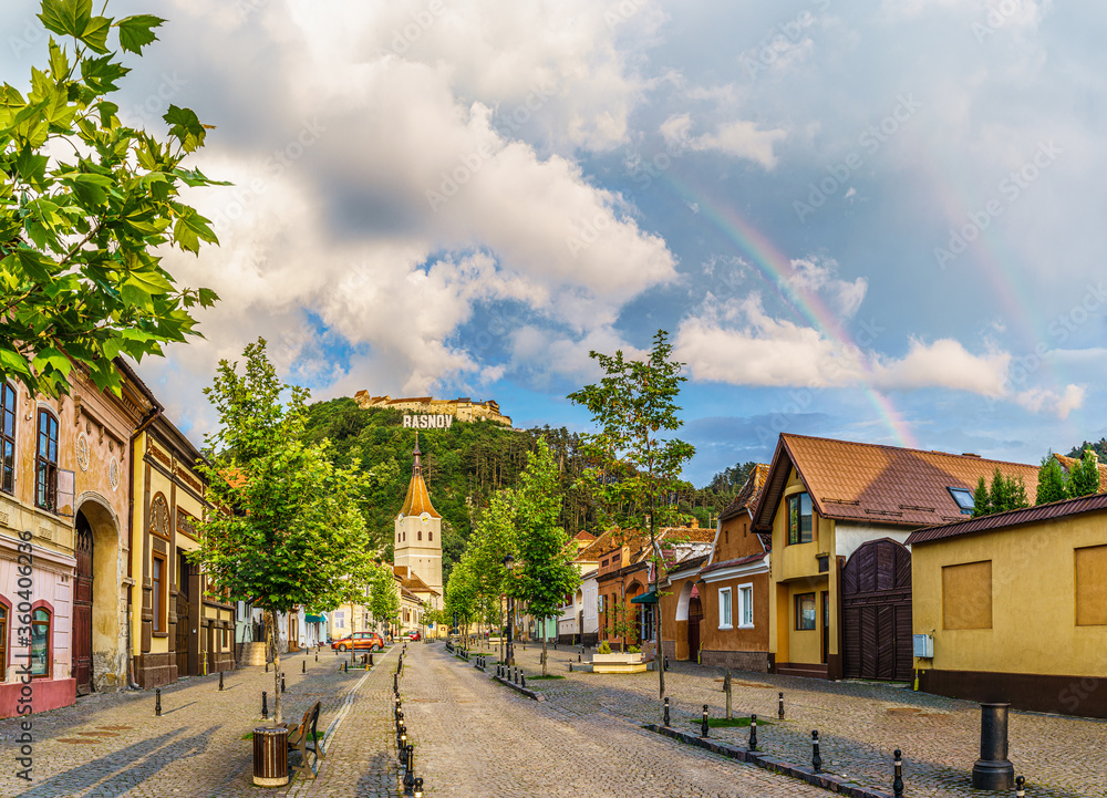 Wall mural Landscape with Rasnov town and medieval fortress after rain, Brasov, Transylvania, Romania