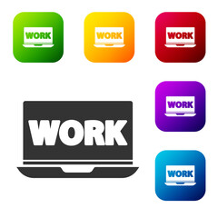 Black Laptop with text work icon isolated on white background. Set icons in color square buttons. Vector Illustration.