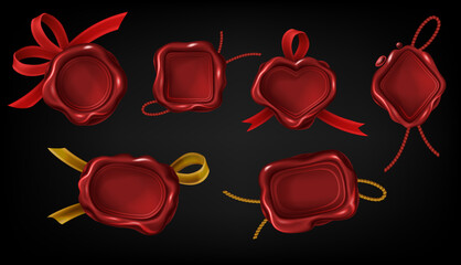 Vector realistic set of red blank wax stamps with rope and ribbon. Vintage wax seals of different geometric shapes for letter, document, certificate or guarantee. Retro postal label, royal insignia.