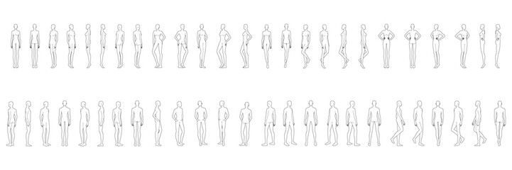 Fashion template of 50 men and women. 9 head size for technical drawing. Gentlemen and lady figure front, side, 3-4 and back view. Vector outline boy and girl for fashion sketching and illustration.