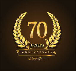 70th gold anniversary celebration logo with golden color and laurel wreath vector design.