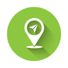 White Map pin icon isolated with long shadow. Navigation, pointer, location, map, gps, direction, place, compass, search concept. Green circle button Vector Illustration