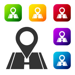 Black Map pin icon isolated on white background. Navigation, pointer, location, map, gps, direction, place, compass, search concept. Set icons in color square buttons. Vector Illustration.