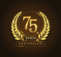 75th gold anniversary celebration logo with golden color and laurel wreath vector design.