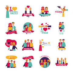 happy friendship day celebration with people and icons set