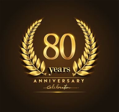 80th gold anniversary celebration logo with golden color and laurel wreath vector design.