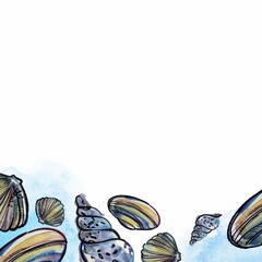 Background with underwater watercolor elements isolated on white. Marine vintage style template. Cute hand drawn artistic illustration for invitations, posters, banners.