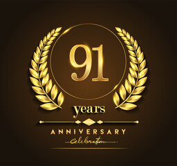 91st gold anniversary celebration logo with golden color and laurel wreath vector design.