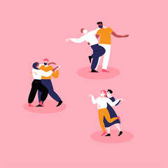 Three different couples dancing wearing medical face masks.