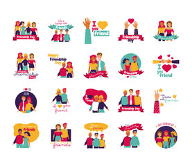 Fototapeta premium happy friendship day celebration with people and icons set