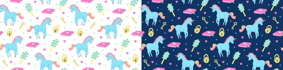 Set of vector seamless patterns with blue unicorns on white and deep blue. Hand mirrors, padlocks, keys, hearts, fairy books. Great for fabrics, wrapping papers, wallpapers, covers, baby clothes.