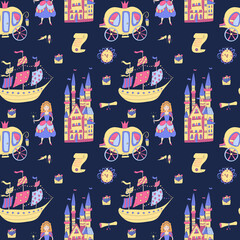 Vector seamless pattern with  princess stuff on deep blue. Carriages, castles, ships, scrolls, shoes, wall clocks, envelopes. Great for baby or girls fabrics, wrapping papers, wallpapers, covers.