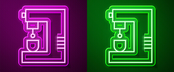 Glowing neon line Coffee machine icon isolated on purple and green background. Vector Illustration.