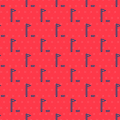 Blue line Golf flag icon isolated seamless pattern on red background. Golf equipment or accessory. Vector Illustration.