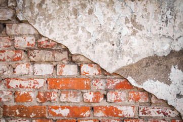 Old ruined brick wall, close up view