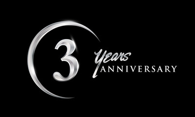 3rd years anniversary celebration. Anniversary logo with silver ring elegant design isolated on black background, vector design for celebration, invitation card, and greeting card