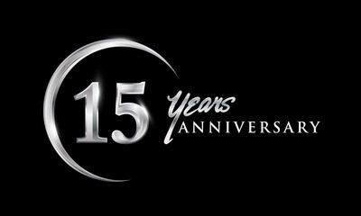 Obraz premium 15th years anniversary celebration. Anniversary logo with silver ring elegant design isolated on black background, vector design for celebration, invitation card, and greeting card
