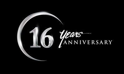 16th years anniversary celebration. Anniversary logo with silver ring elegant design isolated on black background, vector design for celebration, invitation card, and greeting card
