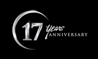 17th years anniversary celebration. Anniversary logo with silver ring elegant design isolated on black background, vector design for celebration, invitation card, and greeting card